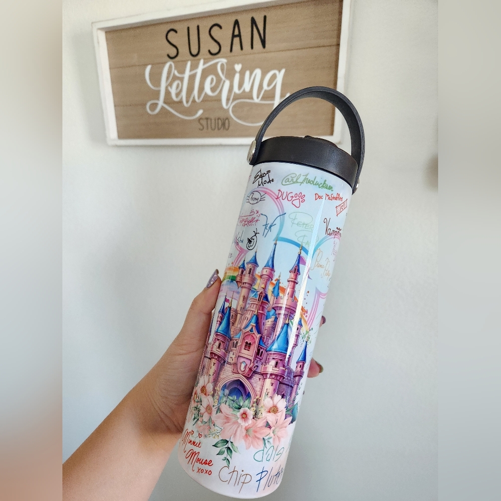 🆕️ Disney Castle Characters Autographs Water Bottle 20oz | Disneyland